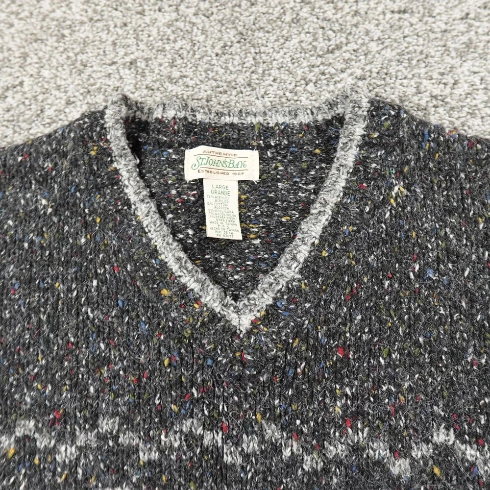 VTG‎ St Johns Bay Sweater Mens L Gray Donegal Speckled Fair Isle V Neck Pullover